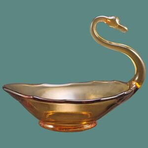 Vintage Mid Century Amber Glass Swan Dish